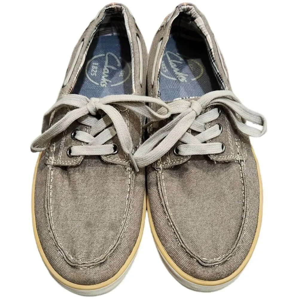 Clarks Deck Boat Slip On Loafers Gray Fabric Square Lace Up Size UK 8G